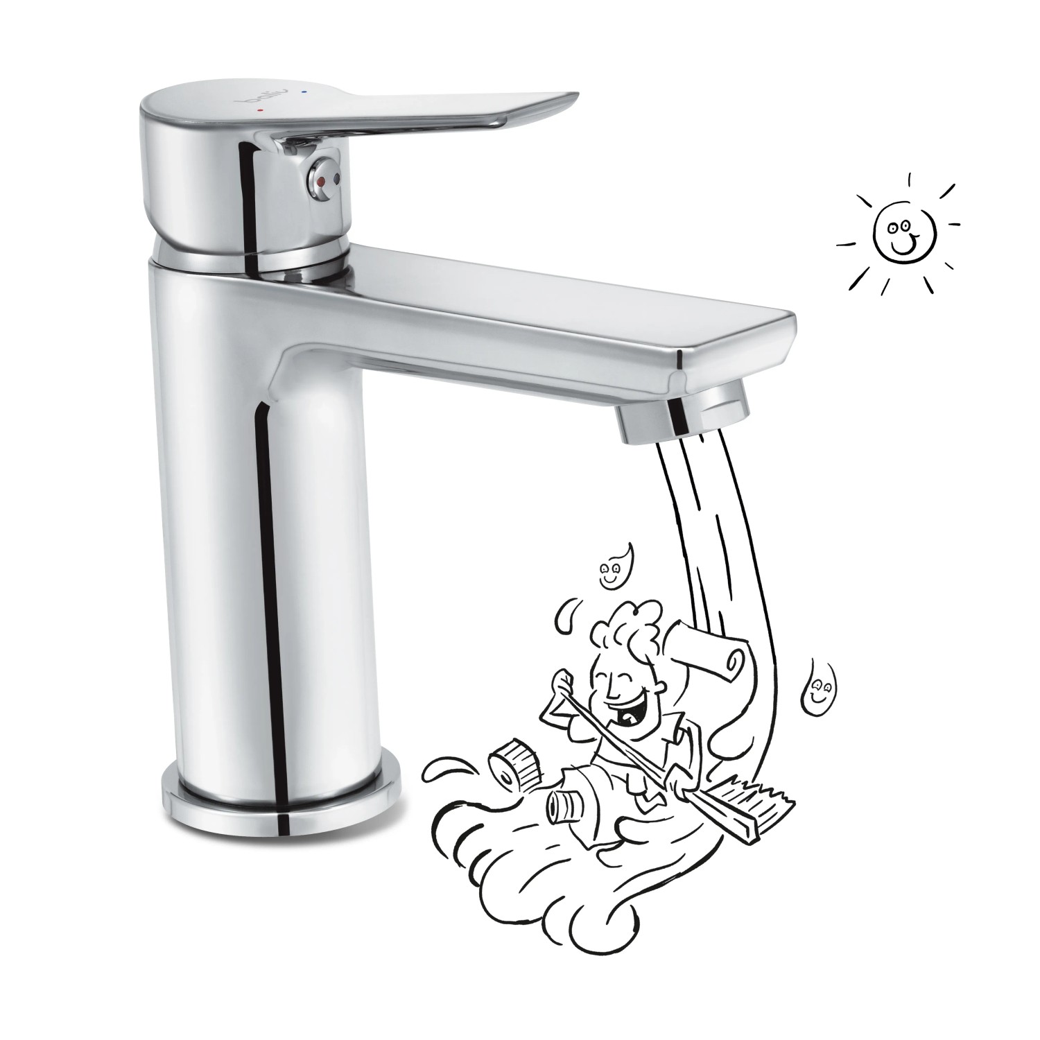 baliv Waschtischarmatur WT-600 Chrom mit Pop-Up Ventil und Wasserfluss-Illustration.