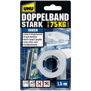 Uhu Doppelband Stark, 1,5 m Rolle, doppelseitiges Klebeband für Innenräume.