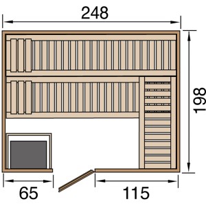 Grundriss der Weka Massivholzsauna Bergen 3 mit Maßen. Inklusive Ofen und Holztür.