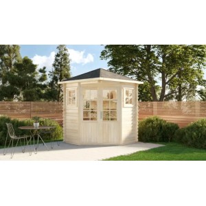 Unbehandeltes Alpholz Holz-Gartenhaus Sunny-A mit Spitzdach (225x200cm) im Garten.