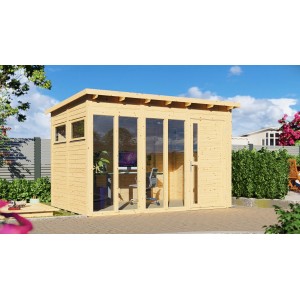 Bertilo Gartenhaus Pentus 3 Office aus Holz, naturbelassen mit Fensterfront und Büroeinrichtung.