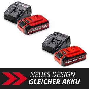 Einhell PXC 4 Ah Starter-Kit: roter 18V Akku und schwarzes Ladegerät. Neues Design, gleicher Akku.