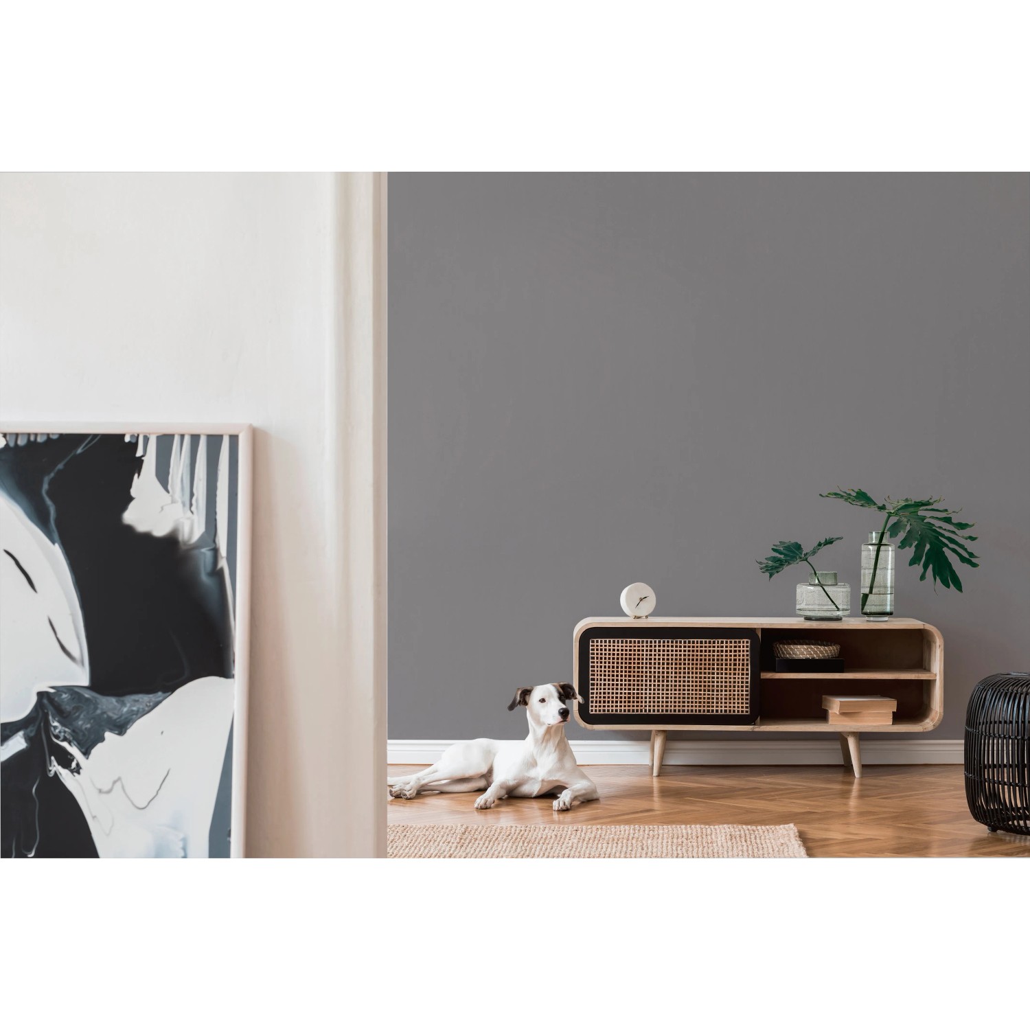 A.S. Création Vliestapete Uni Grau an Wand im Wohnzimmer mit Hund und Kommode.