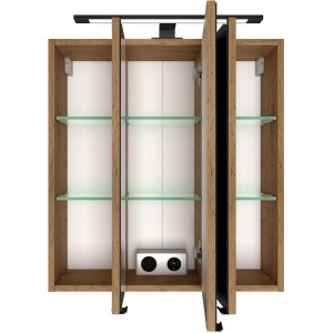 Offener Held Möbel 3D-Spiegelschrank Florenz 60 cm in Wotaneiche mit Glasböden und LED-Leuchte.