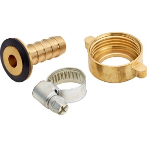 Schlauchverbinder aus Messing, 10 mm x 19 mm, mit Tülle, Verschraubung und Schelle.