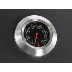 Detailaufnahme: Thermometer am Jamestown Kombigrill Drake. Temperaturanzeige in Grad.
