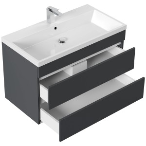 Posseik Badmöbel Felini 90, grafitfarbenes Badmöbel-Set mit grifflosen Schubladen und Mineralgusswaschbecken.