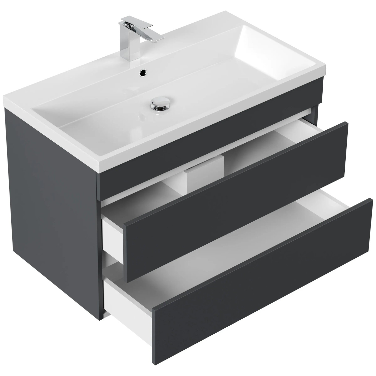 Posseik Badmöbel Felini 90, grafitfarbenes Badmöbel-Set mit grifflosen Schubladen und Mineralgusswaschbecken.