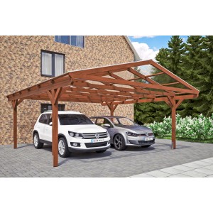 Skan Holz Carport Westerwald Nussbaum für zwei Autos mit Doppelstegplatten.