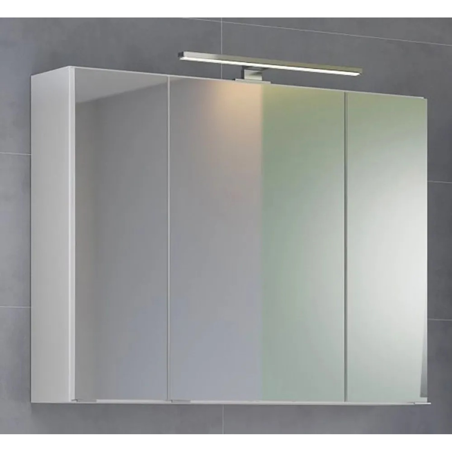 Weißer Held Möbel 3D-Spiegelschrank Verona, 80 cm breit, mit LED-Aufsatzleuchte.