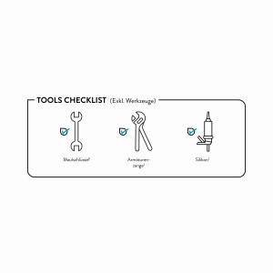 Checkliste: Maulschlüssel, Armaturenzange und Silikon für die Installation des Waschbeckens.