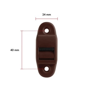 Braune Rollladen Gurtführung aus Kunststoff mit 14mm Rolle, Bürstendichtung und Maßen 40x24mm für Rollladensteuerung.