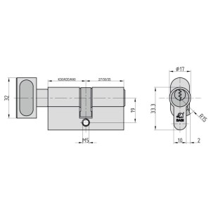 Technische Zeichnung Basi V50 Profil Knaufzylinder K30/30 mm, Maße und Details.