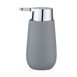 Grauer Wenko Seifenspender Badi aus Keramik mit Chrom-Pumpe, 0.32 l.