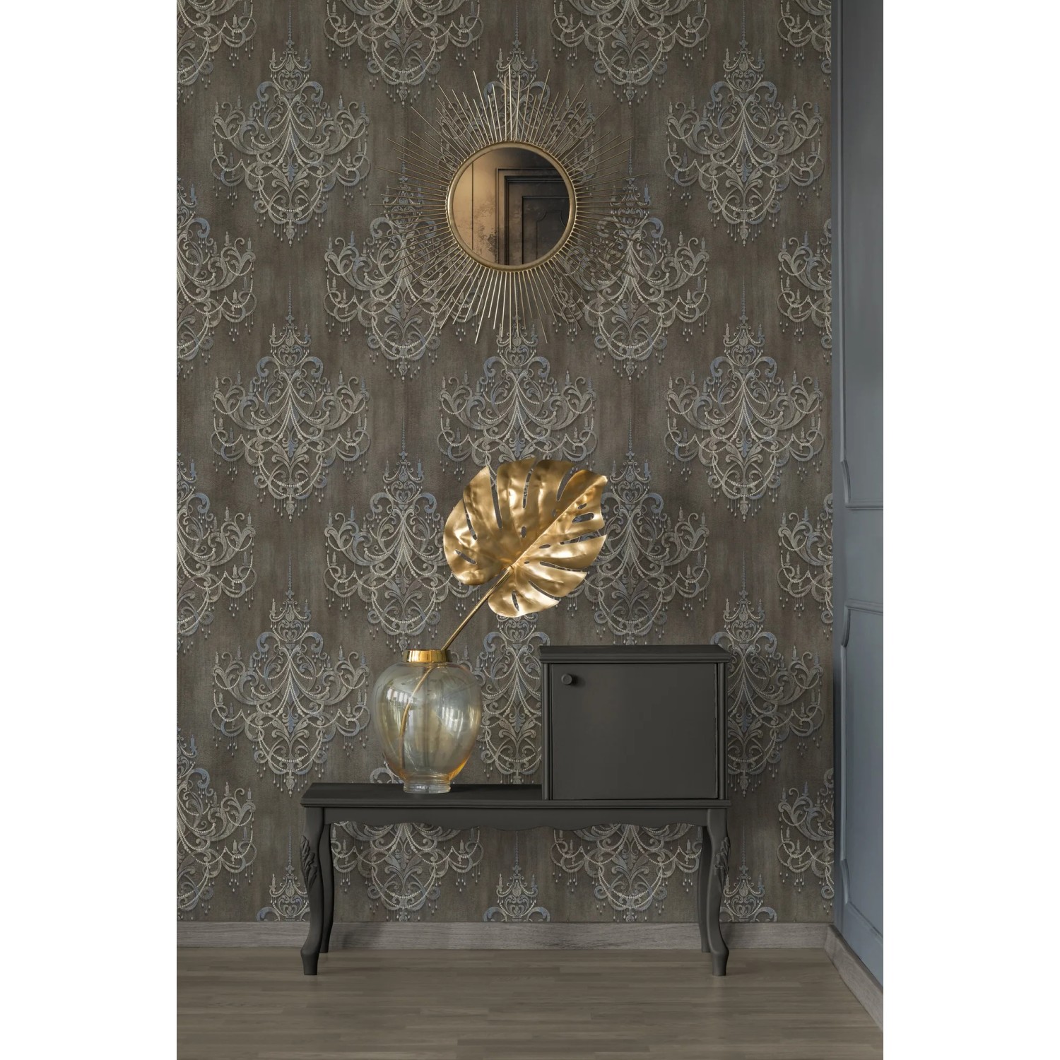 Vliestapete Barock mit Kronleuchter-Muster in Braun und Blau. Dekorative Wandgestaltung.