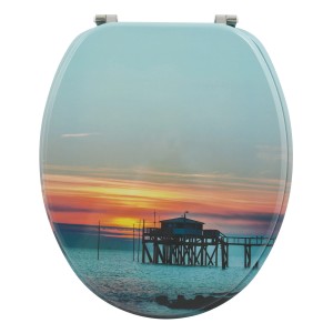 MSV WC-Sitz Sunset mit Sonnenuntergang-Motiv. Mehrfarbiger WC-Deckel aus MDF mit Edelstahl-Scharnieren.