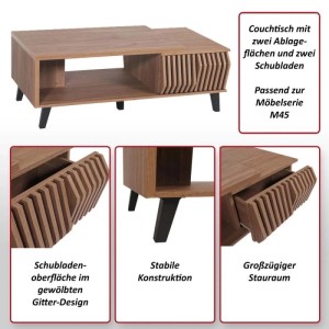 MCW Couchtisch M45 in Holzoptik mit zwei Schubladen und Ablageflächen.