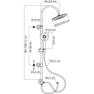 Technische Zeichnung aquaSu Duschsystem Pitus, Chrom, mit Maßangaben zu Kopf- und Handbrause.