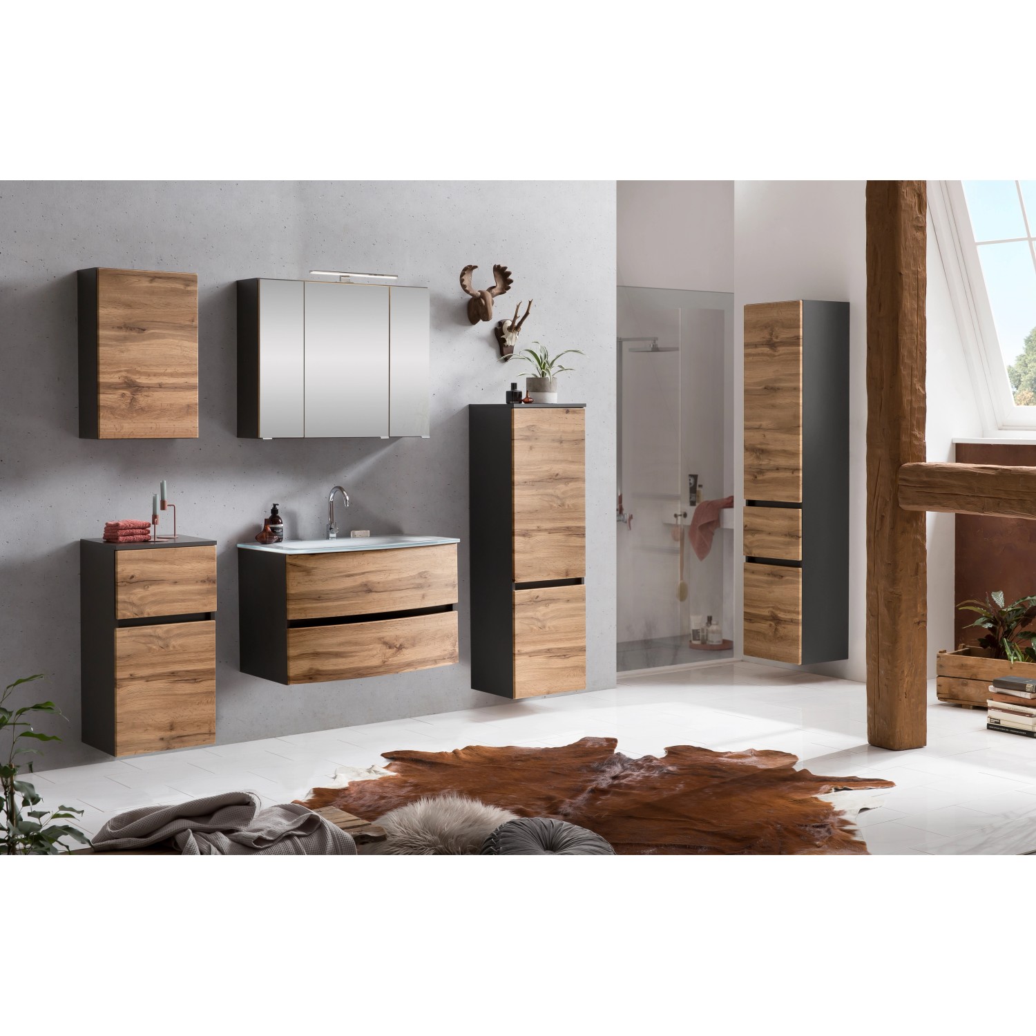 Held Möbel Hochschrank Salerno, 40 cm, Wotaneiche/Graphitgrau, Badmöbel-Set.