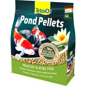 Tetra Pond Pellets 4 l: Hauptfutter für Teichfische mit Koi und Seerose auf der Packung.