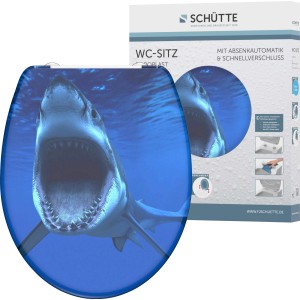 Schütte WC-Sitz Shark Duroplast mit Absenkautomatik und Hai-Motiv.