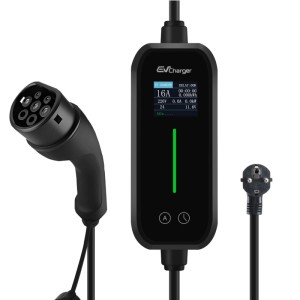 Junsun EV Ladekabel Typ 2 mit Steuerbox, Display (16A) und Standard-Netzstecker für Elektroautos.