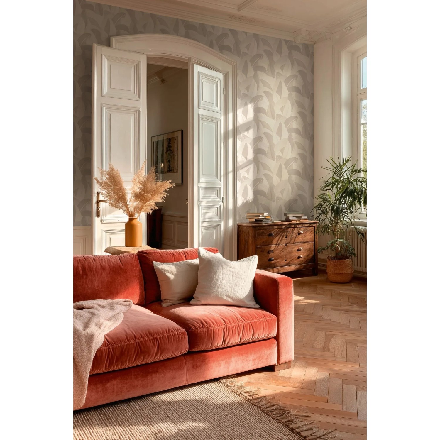 VliesTapete Palmen Creme Weiß mit 3D-Effekt, glänzender Oberfläche im eleganten Wohnzimmer. Dekorative Wandgestaltung.