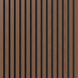 Akustikpaneel Muster Walnuss, unbehandelt, mit schwarzen Filzstreifen. Holzverkleidung für Wand und Decke.