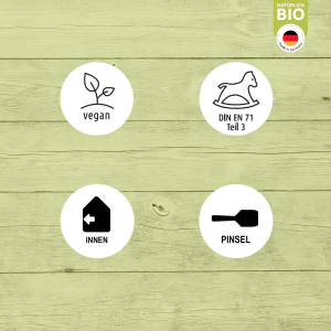 Piktogramme für Ultra Nature BIO Leinöl Firnis: Vegan, DIN EN 71, Innen, Pinsel.