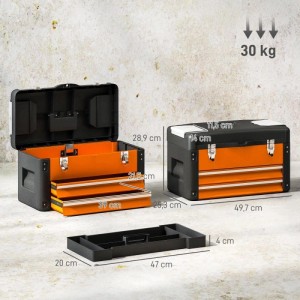 HOMCOM Werkzeugkiste orange-schwarz, offen mit Schubladen, oberem Fach und Einlage. Tragbar, 30 kg. Werkzeugkasten.