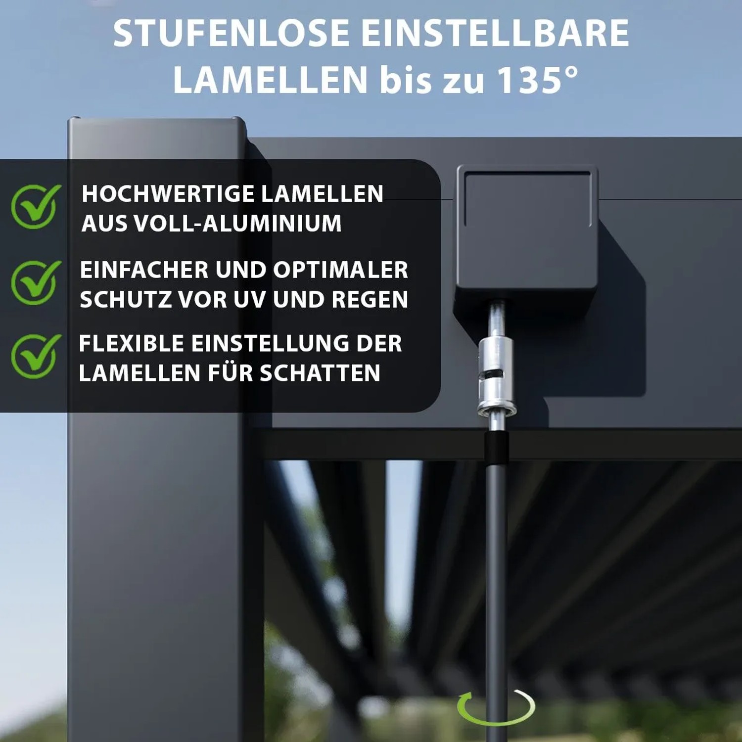 Elektrisch verstellbare Aluminium-Lamellen des Weide Deluxe Plus Pavillons für optimalen UV- und Regenschutz.