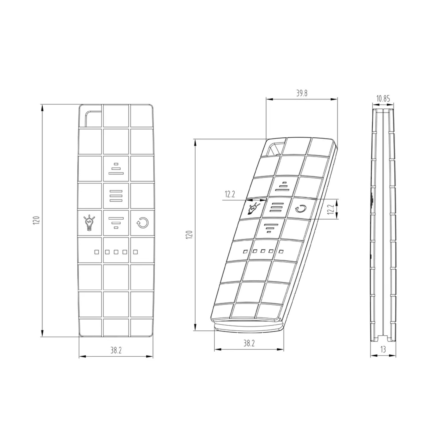 Technische Zeichnung der Fernbedienung für Home Deluxe LED Markise mit Maßen.