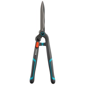 Gardena EnergyCut 2in1 Hand-Heckenschere mit grauen Griffen und blauen Akzenten.