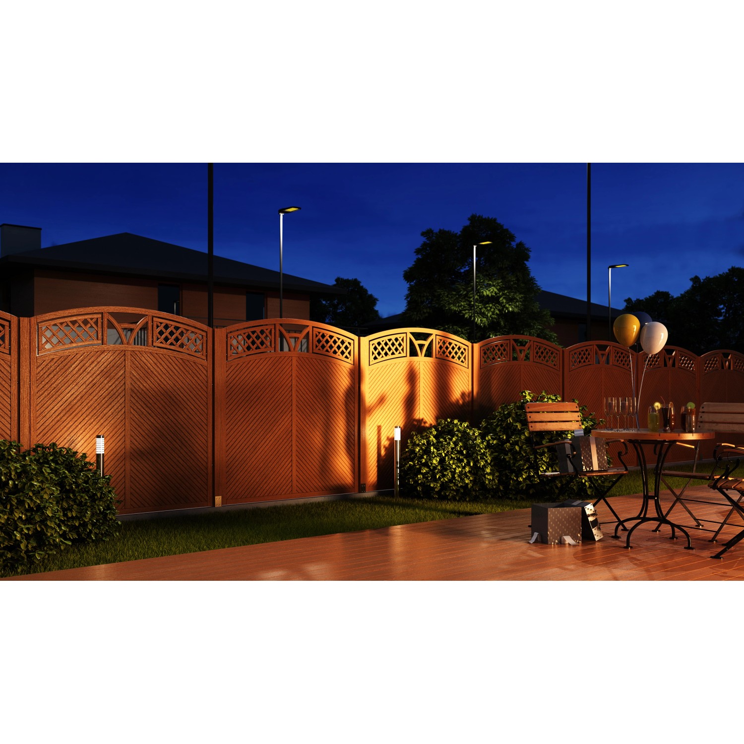 Sichtschutzzaun Toulon, 180x180 cm, Teakholz mit Zierelementen und abgerundetem Abschluss.