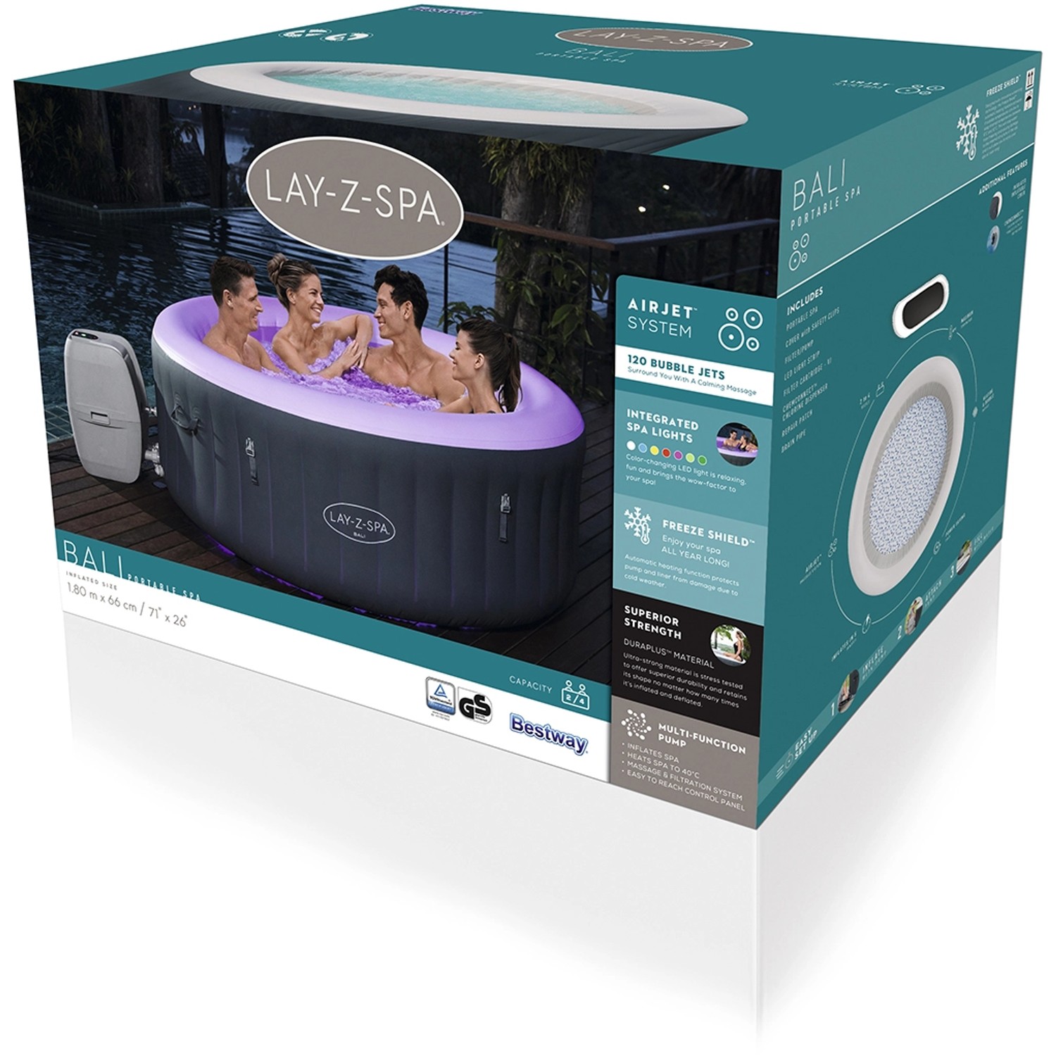 Verpackung Bestway Lay-Z-Spa Bali AirJet, aufblasbarer Whirlpool mit LED-Beleuchtung für 4 Personen.