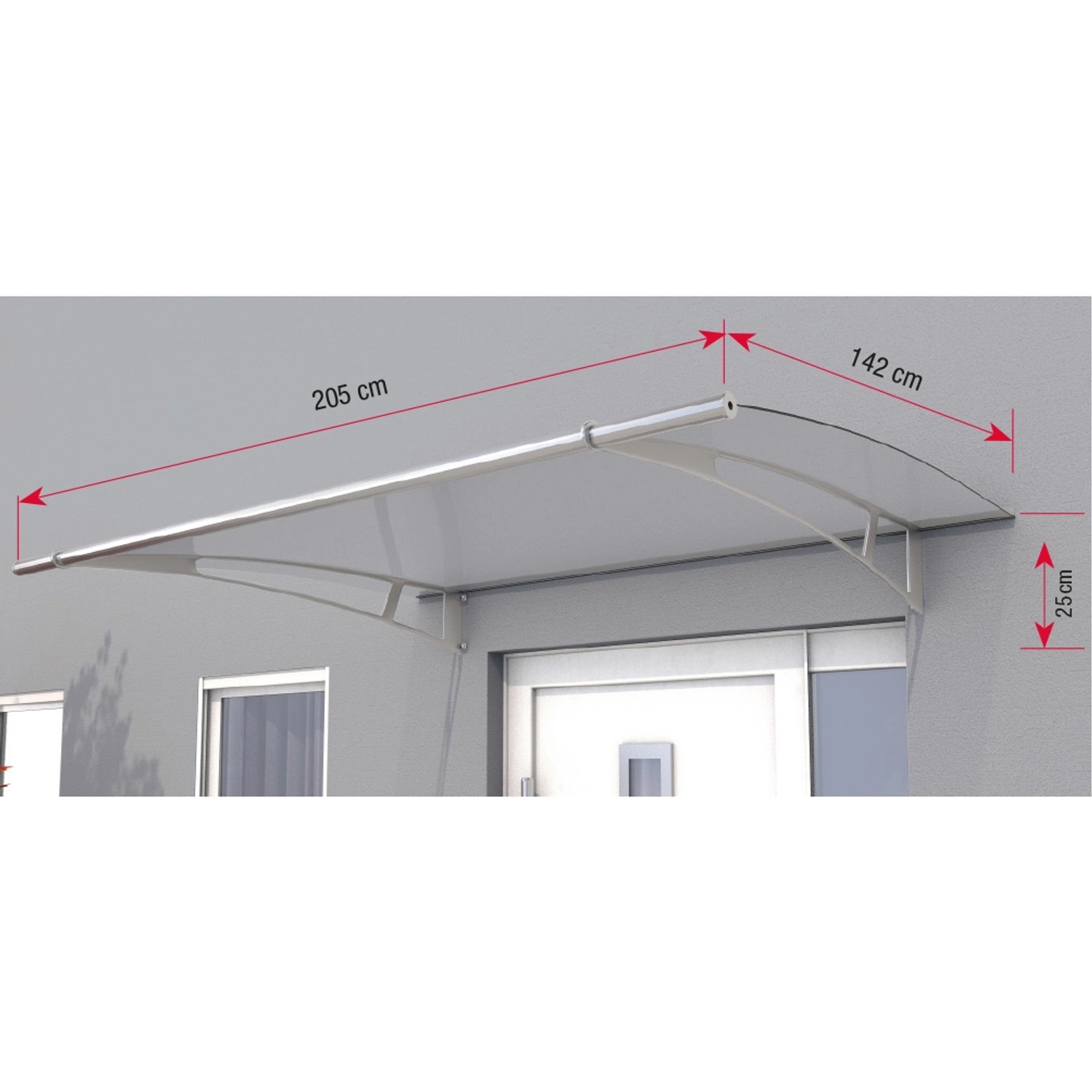 Pultvordach XL aus Edelstahl mit klarer Acrylglasabdeckung, 205x142x25cm, schützt Hauseingänge.