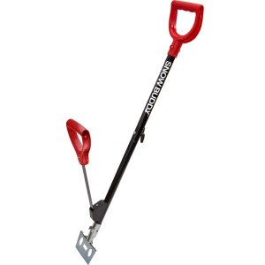 Krinner Snow Buddy Schneeschaufel mit schwarzem Stiel, roten Griffen und Eisscharre. Ergonomischer Schneeschieber.