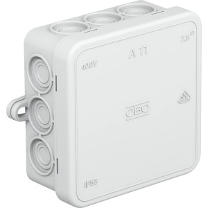 Aufputz Abzweigkasten, 85x85x40mm, lichtgrau, für Elektroinstallationen im Innenbereich.