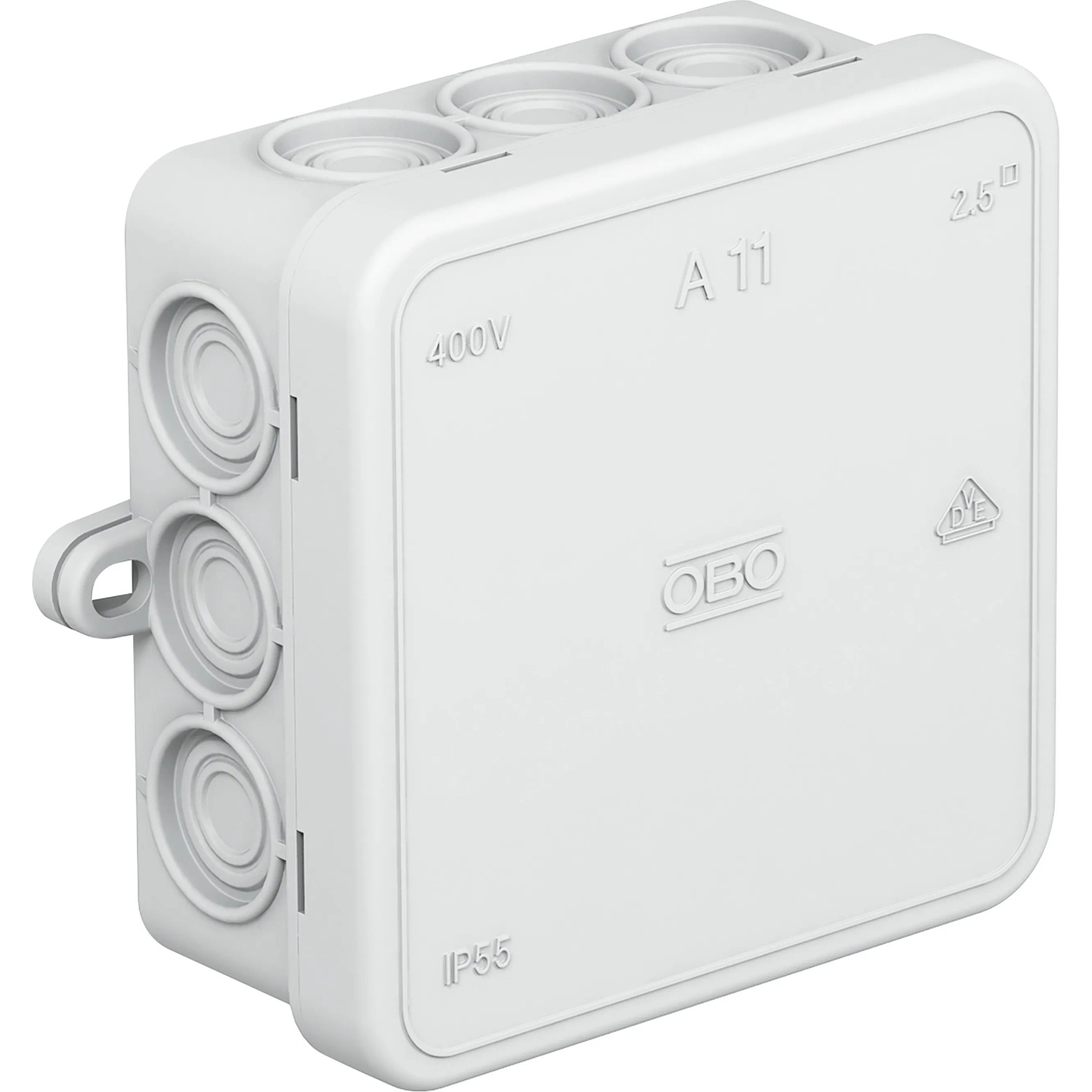 Aufputz Abzweigkasten, 85x85x40mm, lichtgrau, für Elektroinstallationen im Innenbereich.