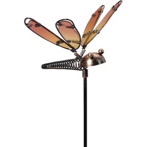 Dekorativer Gartenstecker Libelle in Braun, 95 cm hoch, aus Metall und Glas für Beet und Topf.