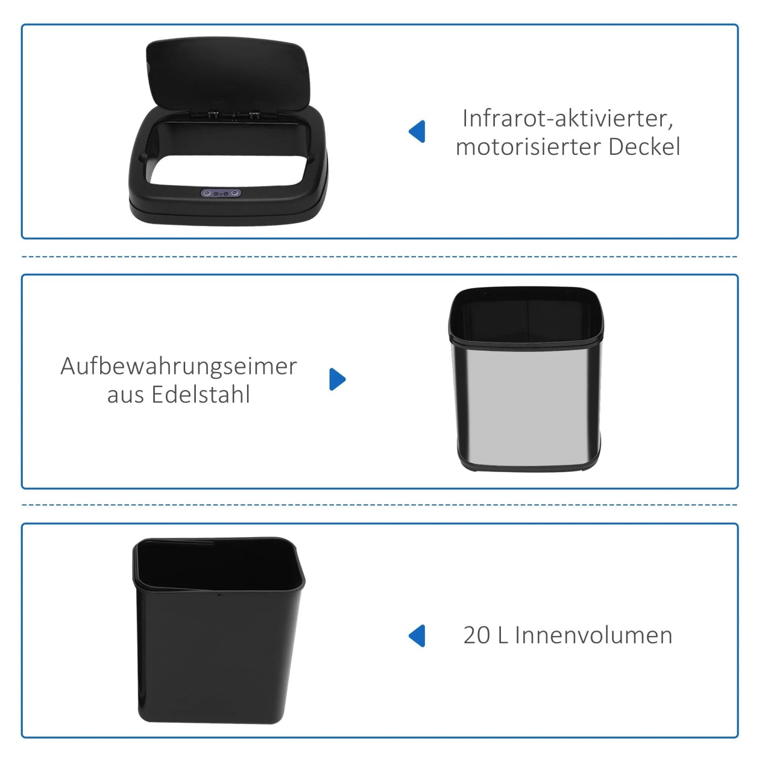 HOMCOM elektrischer Mülleimer: Infrarot-Sensor-Deckel, Edelstahl-Gehäuse und 20L Innenbehälter.