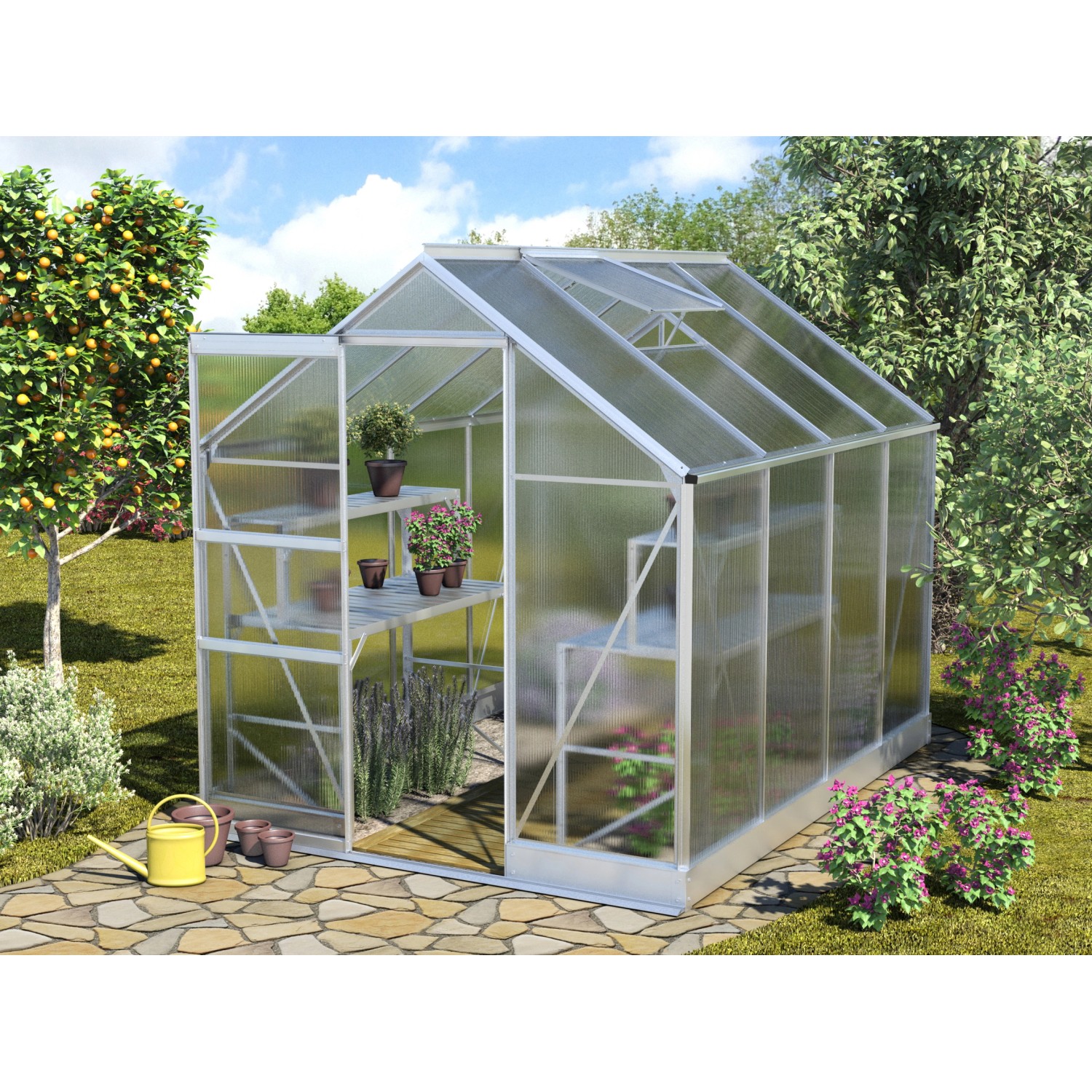 Gewächshaus Apollo 5000 mit Alu-Rahmen, HKP-Verglasung und Fundament im Garten.