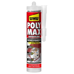 Transparente UHU Poly Max Montagekleber Sofort Power Kartusche 300g mit Düse. Für Kleben, Montieren, Abdichten innen & außen.