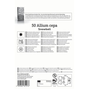 Kiepenkerl Wintersteckzwiebel Snowball 50 Stück. Produktetikett mit Pflanzinfos, Allium cepa und Recycling-Symbolen.