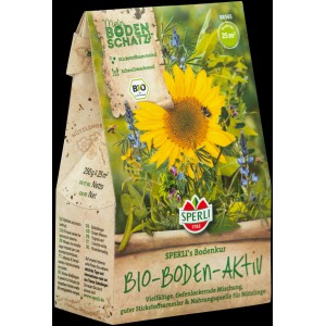 Sperli Gründünger Bodenkur Bio-Boden-Aktiv 250g Packung mit Sonnenblume und Blühmischung.