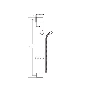 Technische Zeichnung: Hansgrohe Brausestange Unica Crometta 0,65 m mit Schlauch, Maße und Details.
