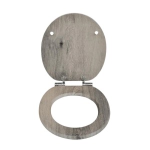 Sinobath WC-Sitz mit Absenkautomatik, graue Holzmaserung. Geöffneter Toilettensitz mit robusten Scharnieren.