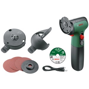 Bosch Akku-Trennschleifer Easy Cut & Grind Set mit Zubehör, Schleifscheiben, Trennscheiben und USB-Ladekabel.