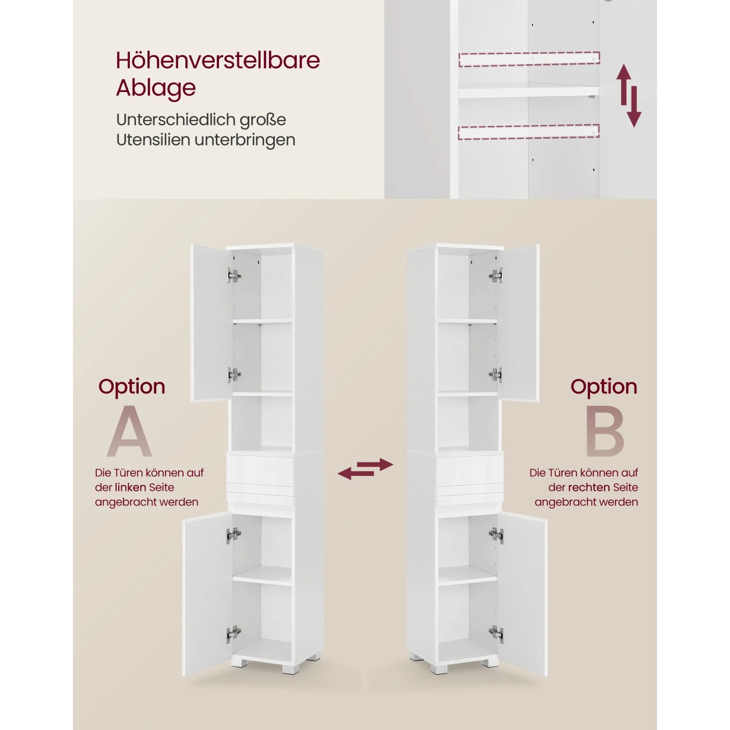 Weißer Vasagle Badezimmerschrank mit Schublade, Türen links/rechts montierbar, höhenverstellbare Ablagen.