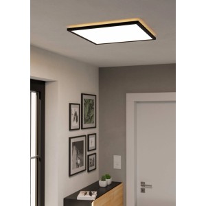 Moderne, schwarze LED-Deckenleuchte Rovito-R, 50x50 cm, mit weißer Leuchtfläche im Flur.